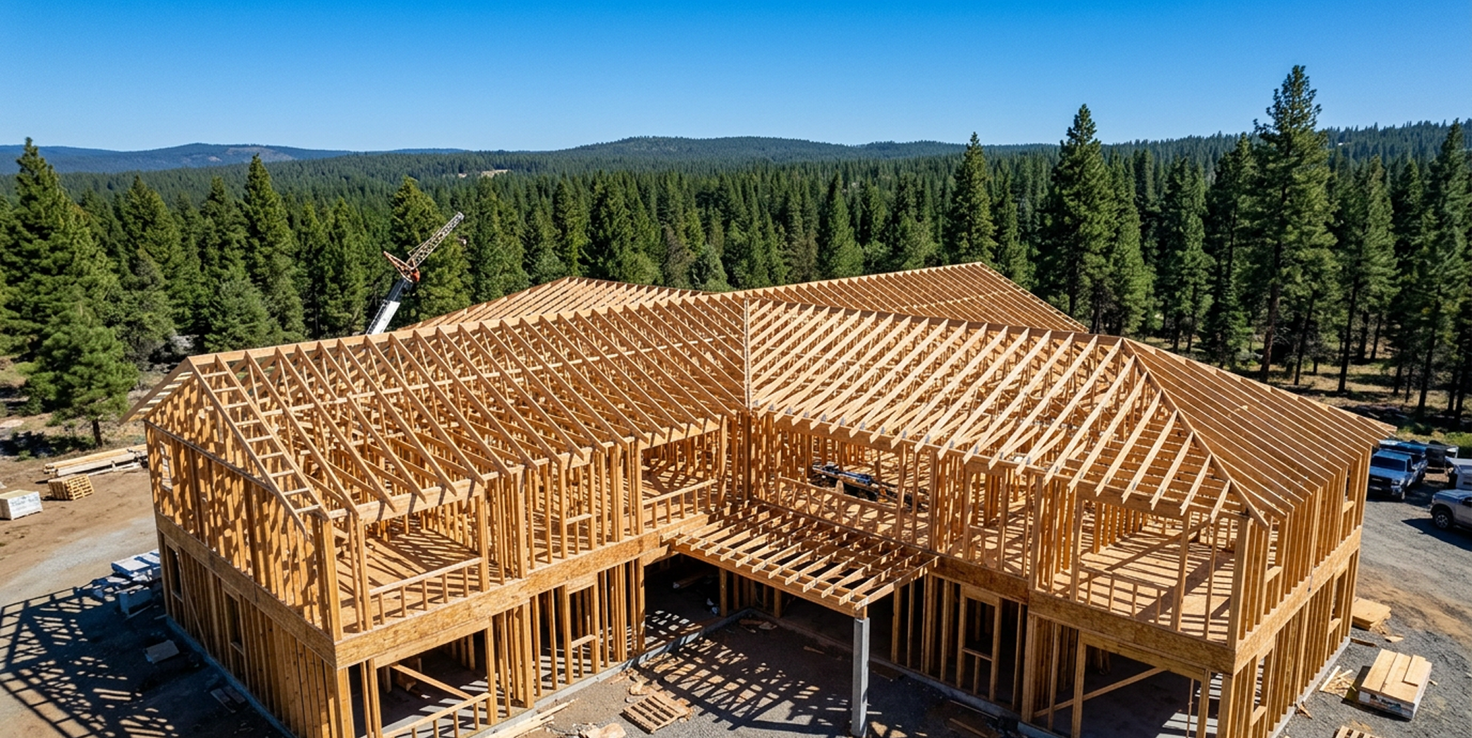 Completed timber frame structure on site with exposed wood framing